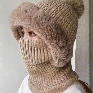 1pc Plush Warm Knit Beanie & 1pc Windproof Neck Gaiter & 1pc Coldproof Mask